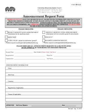 Fillable Online Announcement Request Form Friendship Missionary