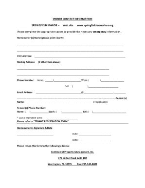 Fillable Online Tenant Registration Form Springfield Manor Fax Email