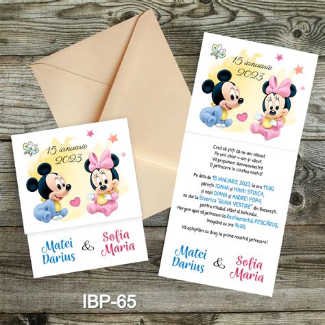 Invitatii Botez Gemeni Fetita Si Baiat Cu Plic Colorat Minnie Si