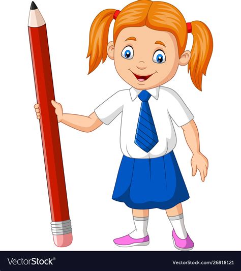 Cartoon school girl holding pencil Royalty Free Vector Image