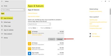 Apps & features Settings in Windows 10 2025