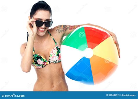 Sensual Bikini Woman With A Beach Ball Stock Photo Image Of Goggles