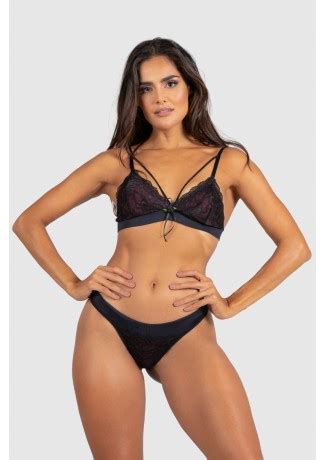 Conjunto Lingerie Emileny Preto Rosa Ref P C Kaisan