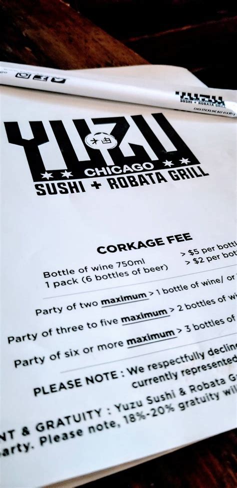 Menu at Yuzu Sushi & Robata Grill restaurant, Chicago