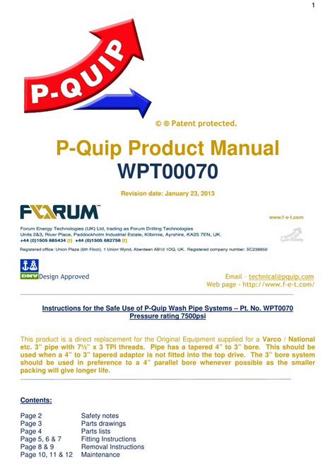 PDF Patent Protected P Quip Product Manual WPT00070 2 Safety