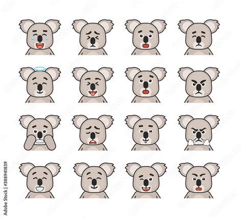 Set of koala emoticons, avatars or emojis. Koala laughing, sad ...