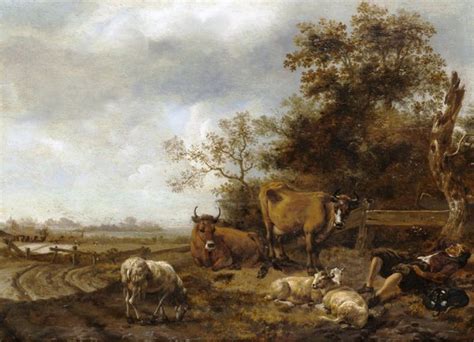 Peasant Resting near his Cows and Sheep in a Wooded Landscape Painting ...