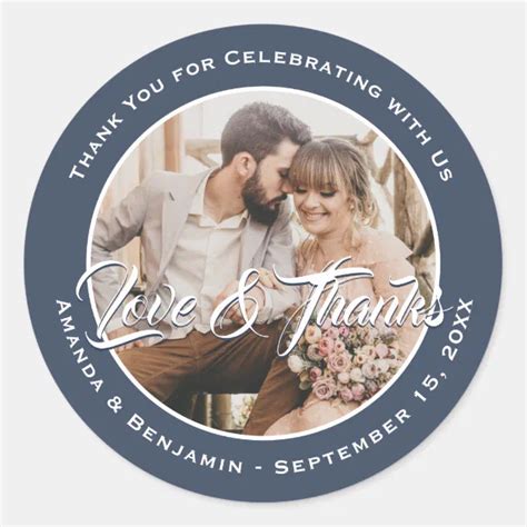 Navy Blue Modern Wedding Photo Favor Classic Round Sticker Zazzle