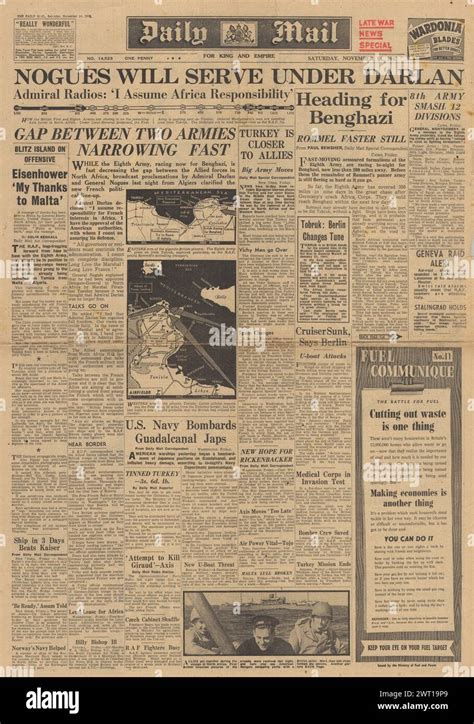 1942 Daily Mail Front Page Reporting Battle For North Africa And Nogues