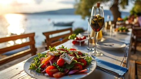 Premium Photo Greek Salad Platter Against A Seaside Cafe