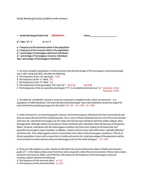 Hardy Weinberg Practice Problems Hardy Weinberg Problem Set Answer