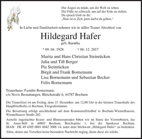 Traueranzeigen Von Hildegard Hafer Trauer In Nrw De