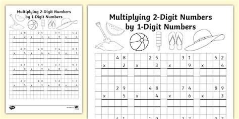 Summer Themed Multiplying 2 Digit By 1 Digit Activity Sheet