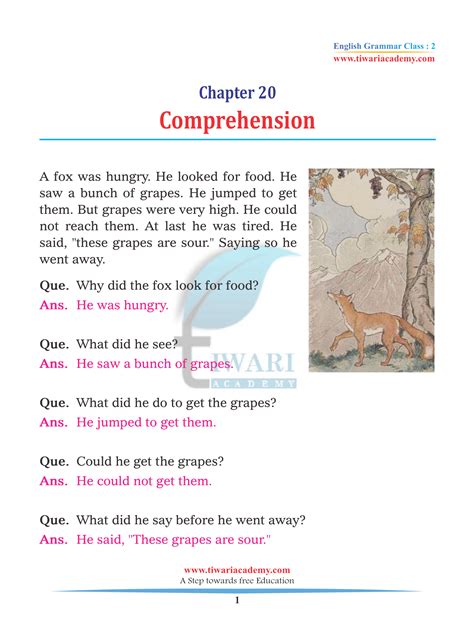 Class 2 English Grammar Chapter 20 Comprehension For 2022 2023