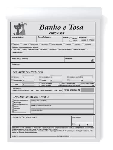 Bloco Ficha De Anamnese Checklist P Banho E Tosa Petshop