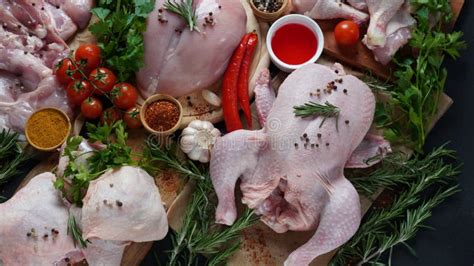 Different Types of Fresh Chicken Meat. Whole Raw Chicken Stock Photo - Image of body, full ...