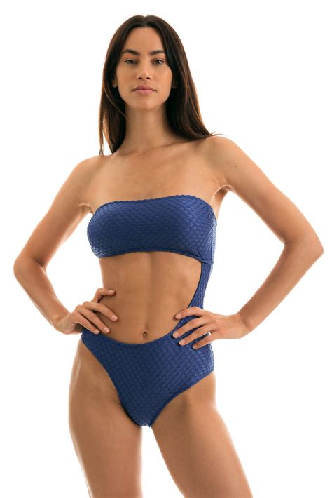 Blue Asymmetrical Bandeau Swimsuit With Textured Fabric Body Kiwanda