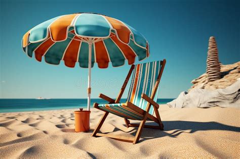 Seaside Comfort Beach Chair And Umbrella On Sandy Shore Scene Stock Illustration Illustration