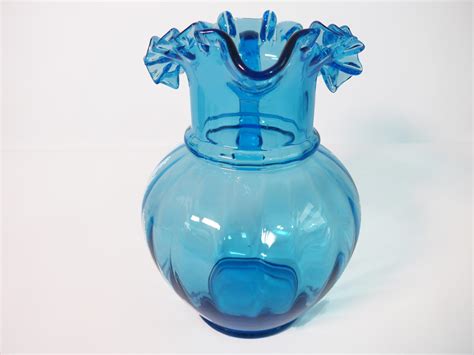 Vintage Blue Glass Frilly Edge Pitcher Large Heavy Blue Pitcher Water Or Lemonade Pitcher