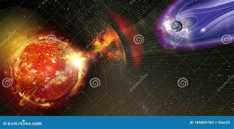 Earth`s Magnetic Field Against Sun`s Solar Wind, Flow of Particles. Stock Illustration ...