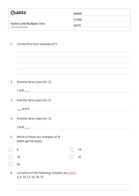 50 Factors And Multiples Worksheets For 5th Grade On Quizizz Free