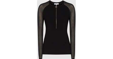 Reiss Synthetic Lola Zip Neck Top With Sheer Sleeves In Black Lyst