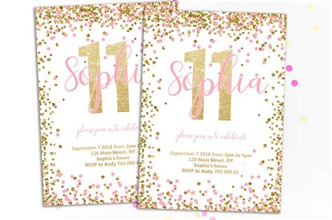 Girl 11th Birthday Invitation Pink And Gold Eleventh Birthday Etsy