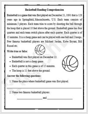 Basketball Reading Comprehension Printable Worksheet Englishbix