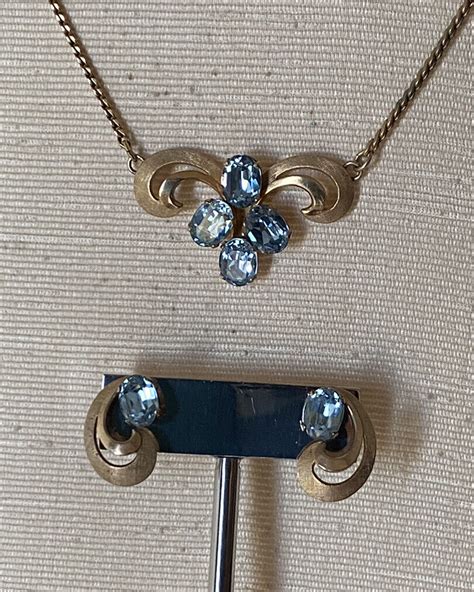 Vintage Van Dell 12k Gf Necklace And Earring Set Blue C Gem