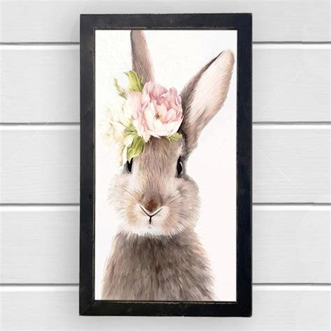 Rustic Framed Bunny With Flowers Wall Art Antique Farmhouse