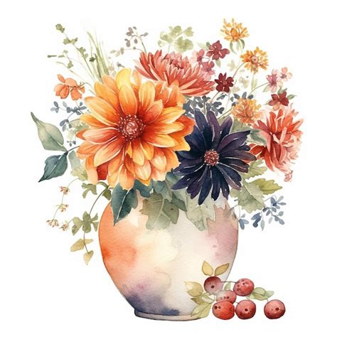 Premium Ai Image Watercolor Painting Of A Vase With Flowers And Leaves