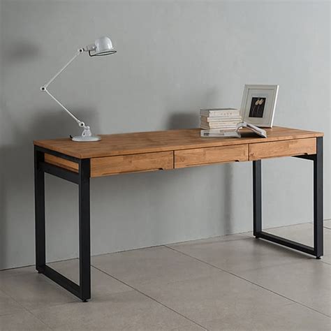 47.2" Rustic Wooden Natural & Black Office Desk with Drawers & Metal Legs | Homary