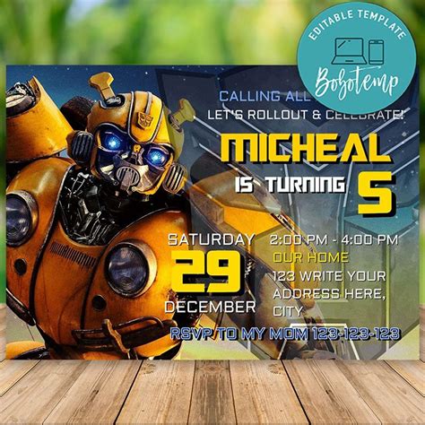 Editable Transformers Bumblebee Birthday Invitations Diy Bobotemp