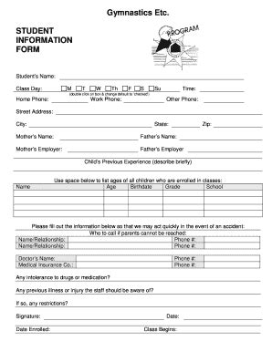 Fillable Online Gymnastics Etc Student Information Form Fax Email Print