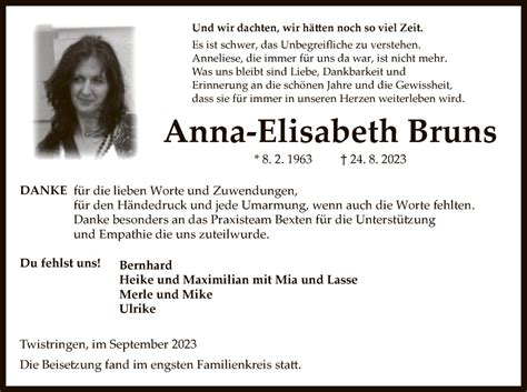 Traueranzeigen Von Anna Elisabeth Bruns Trauer Kreiszeitung De