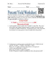 Percent Yield Stoich Pdf Mr Moss Percent Yield Worksheet Chemistry