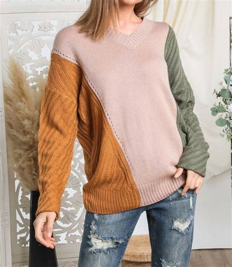 Davi And Dani Fall Color Block Sweater In Rust Blush Olive Shopstyle