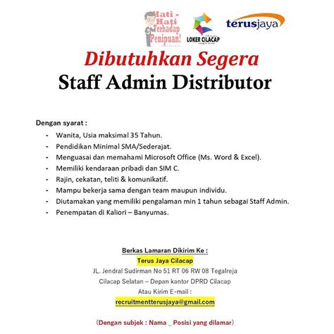 Lowongan Kerja Staff Admin Distributor Di Terus Jaya Cilacap