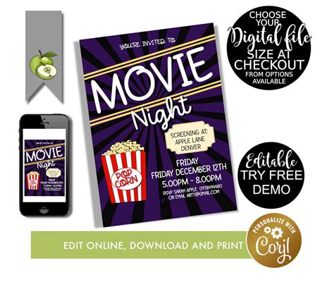 Editable Movie Night invite Film night theme party digital | Etsy