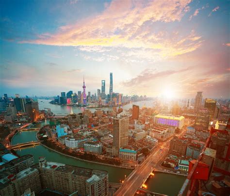 Aerial Photography at Shanghai Bund Skyline of Sunrise Stock Photo ...