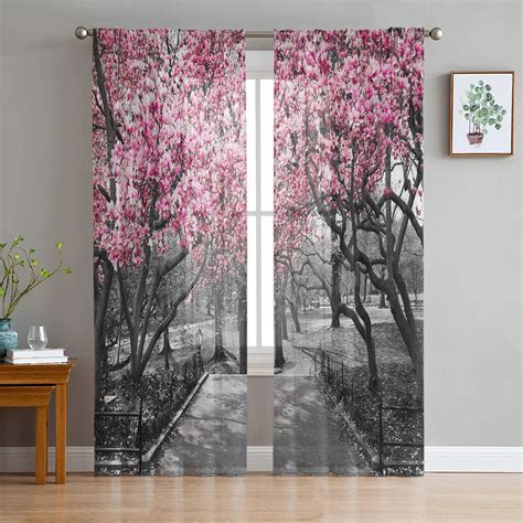 Lake Cherry Blossom Water Surface Pink Flower Tulle Sheer Window