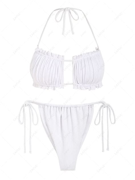 Multiway Frilled Textured String Tanga Bikini Set In White Zaful 2024