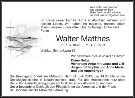 Traueranzeigen Von Walter Mattes Nordbayerischer Kurier