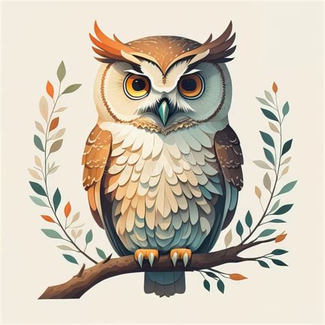 Owl Sitting On A Branch With Leaves Vector Illustration In Retro Style Stock Illustration