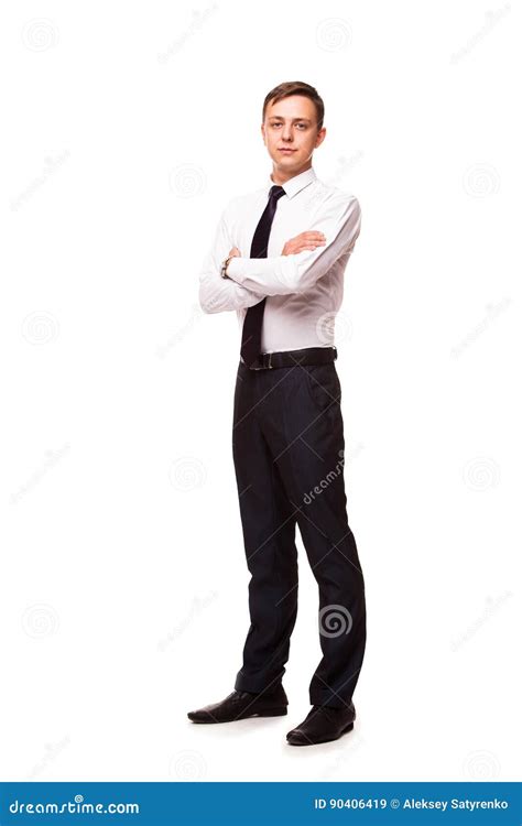 Young Handsome Businessman Is Standing Crossed Hands Portrait Isolated