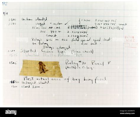 First 'computer bug'. Page from the logbook for the Harvard Mark II computer showing a dead moth ...