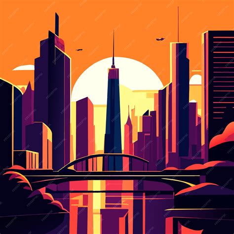 Premium Vector City Skyline With Buildings And Bridge Above Lake Or