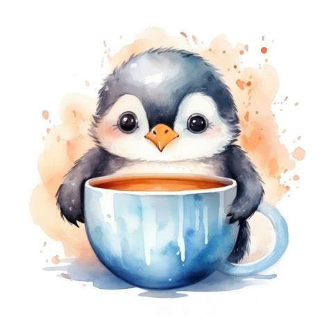 Watercolor Penguin Pop Teacup Cartoon Premium Photo Illustration