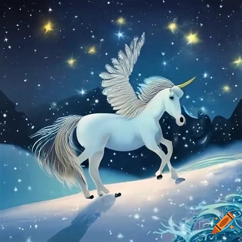 Magical Pegasus Flying Over Snowy Christmas Landscapes On Craiyon