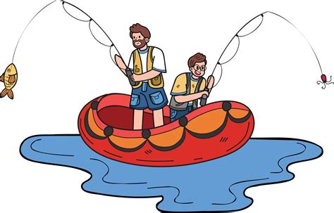 Father And Son Fishing On A Boat Illustration In Doodle Style